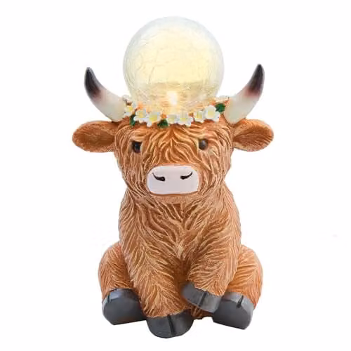 Coopers of Stortford Solar Highland Cow Garden Ornament with Glowing Crackled Glass Globe in Brown, White and Multicolour Polyresin