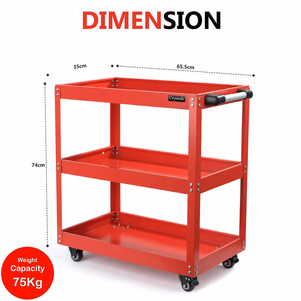 Crystals 3 Tier Heavy Duty Tool Storage Cart with Wheels in Red, W: 52 cm, D: 52 cm, H: 74 cm – 2