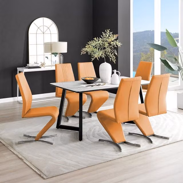 FurnitureboxUK Carson White Marble Effect Dining Table and 6 Willow Chairs in Mustard