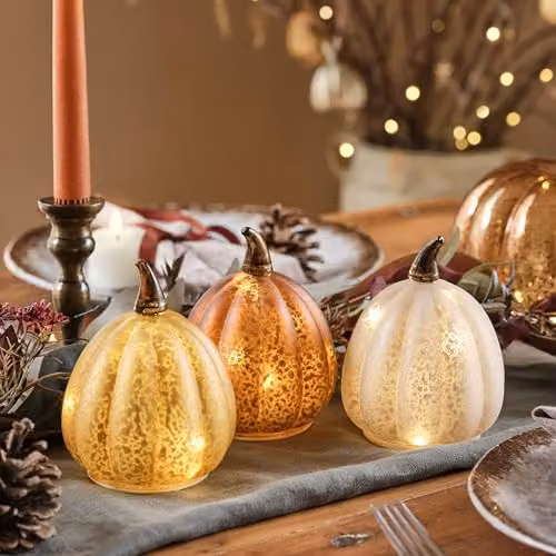 Lights4fun Set of 3 Mottled Glass Decorative LED Pumpkin Lights in White and Orange for Autumn and Halloween Tabletop Decoration – 2