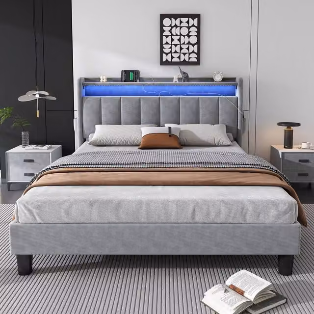 ModernLuxe Grey Velvet Upholstered Double Bed with LED Under-Bed Lighting, USB Charging Port and Storage Headboard, W/D/H: 140 x 190 x 107 cm