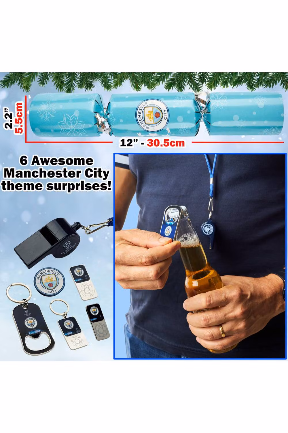 Manchester City F.C. Luxury Christmas Crackers, Pack of 6 Blue and Multicolour Festive Party Crackers with Football Collectibles – 7