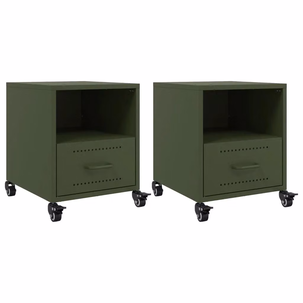 Berkfield Home Set of 2 Metal Bedside Cabinets in Olive Green, W/D/H: 36 x 39 x 43.5 cm – 2