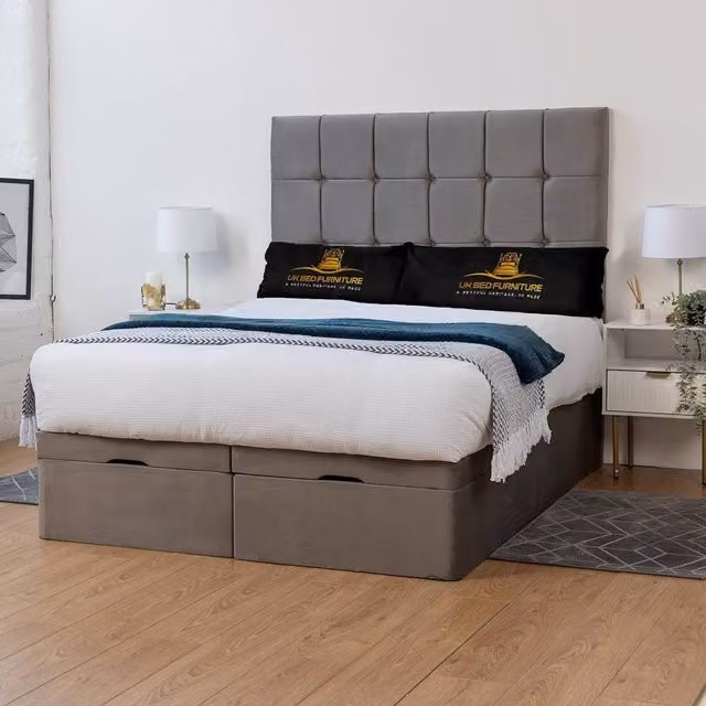 UK Bed Furniture Florence Grey Upholstered Ottoman Storage Divan Bed with 54 Inch Headboard, W/D/H: 140 x 200 x 137.16 cm
