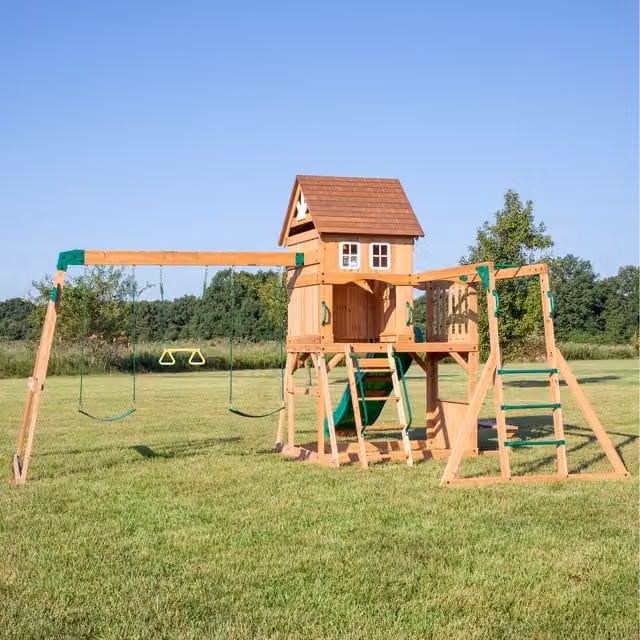 Backyard Discovery Montpelier Cedar Wood Climbing Frame with Slide, Swing and Sandbox in Brown