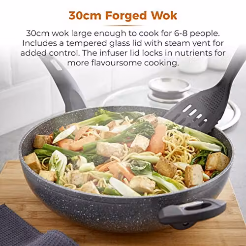 Tower Cerastone Non Stick Ceramic Wok with Glass Lid, Grey, 30 cm – 2