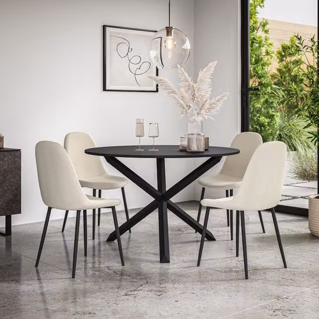 More4Homes Malvern Round Dining Table and Set of 4 Maya Boucle Dining Chairs in Ivory and Black