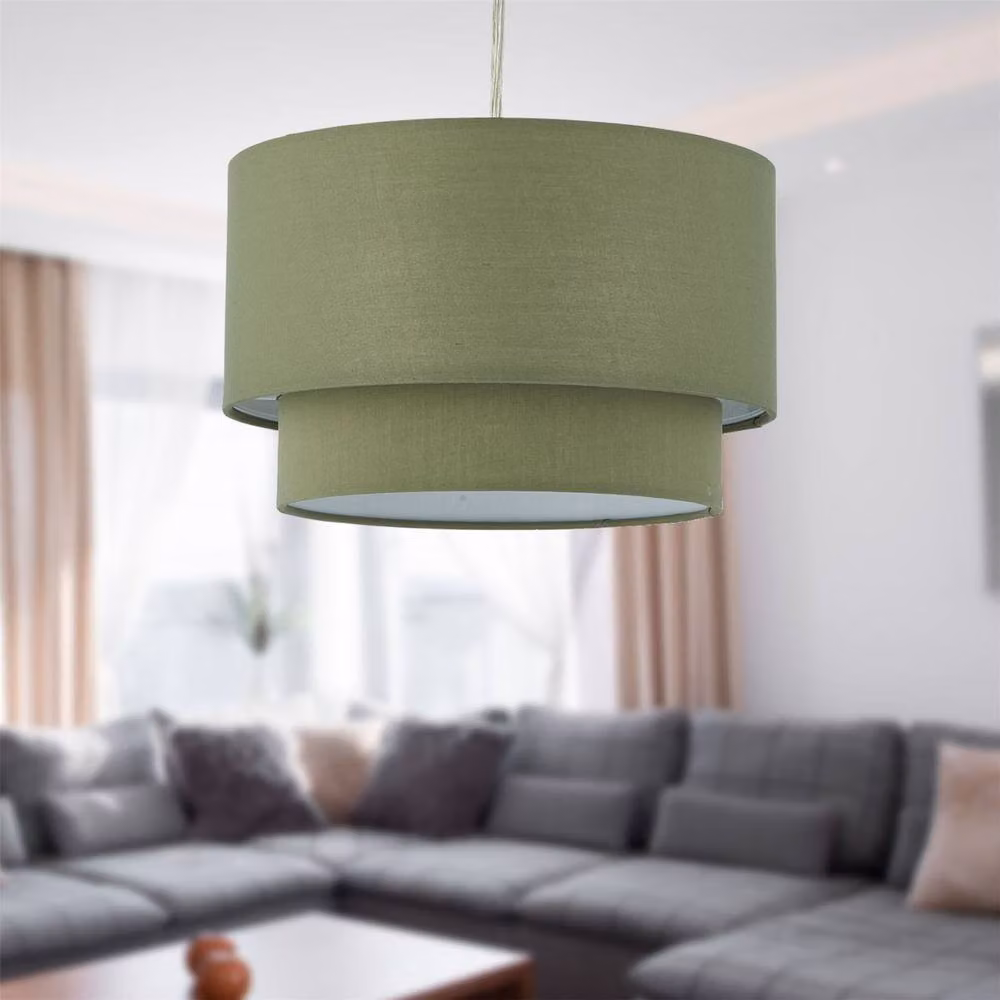 First Choice Lighting Duo Set of 2 Sage Green Cotton 2 Tier Cylinder Ceiling Light Shades – 3