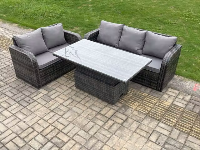 Fimous Outdoor Rattan Garden Furniture Set with Height Adjustable Dining Table and Lounge Sofa in Dark Grey