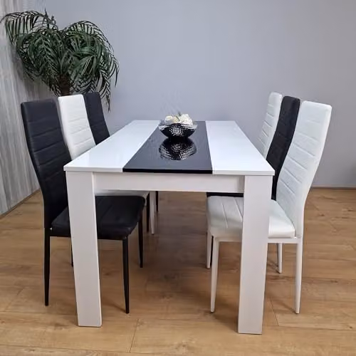 KOSY KOALA Modern Dining Table Set with 6 Black and White Faux Leather Chairs and Black Glass Top, W/D/H: 140 x 80 x 75 cm – 3