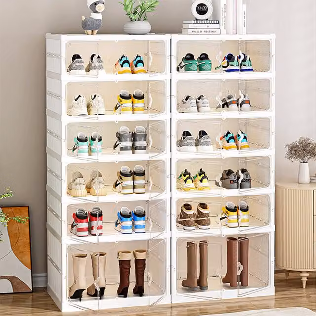 Livingandhome 6-Tier Foldable Shoe Rack with Glass Doors, White, Height: 122 cm