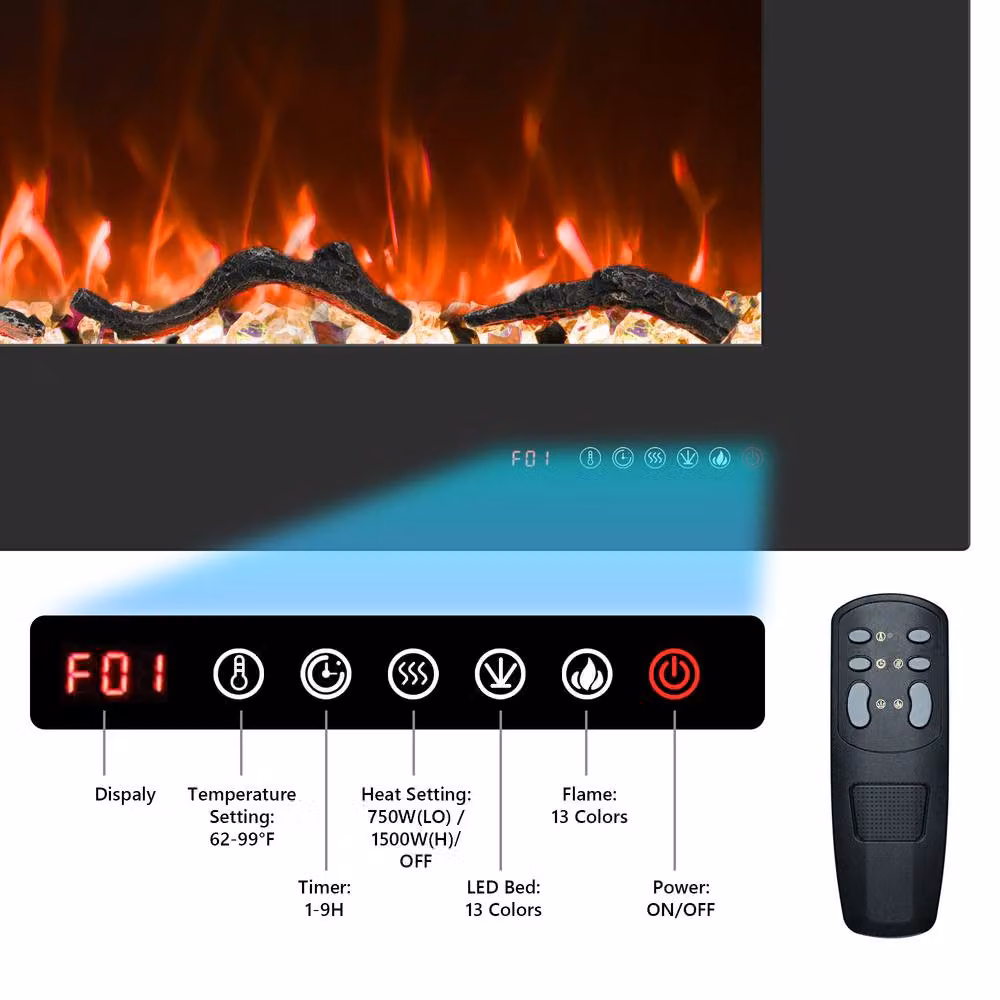 Valuxhome Black Electric Fire, Recessed or Wall Mounted with 13 Flame Bed Colours, W/D/H: 91 x 45 x 15 cm – 6
