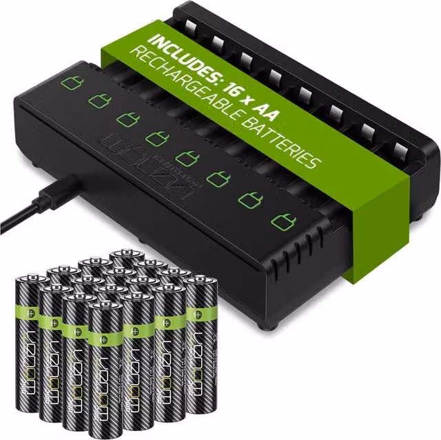 Venom 8-Way USB Charger with 16 x 2100mAh AA Rechargeable Batteries, Black