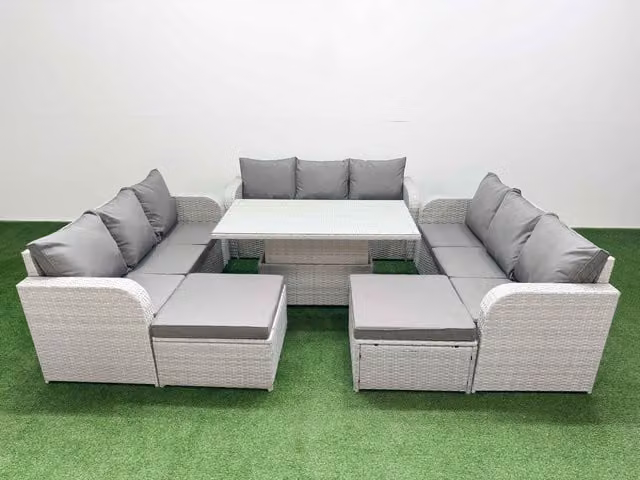 Fimous 11 Seater PE Rattan Outdoor Garden Furniture Set in Grey with Adjustable Lifting Dining or Coffee Table, 3 Seater Sofa and 2 Large Footstools
