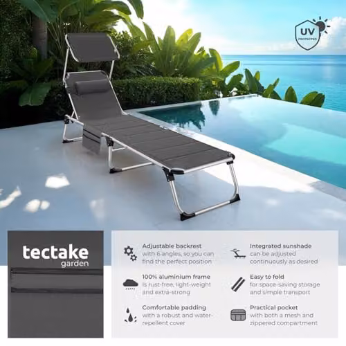 tectake Lorella Folding Sun Lounger in Grey with Sun Canopy and Adjustable Headrest, Powder Coated Aluminium Frame and Textilene Fabric – 2