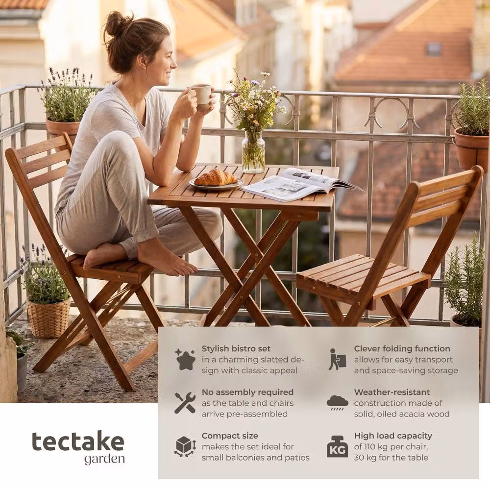 tectake Sóller Foldable Bistro Set for 2 People in Brown Oiled Acacia Wood and Glass – 2