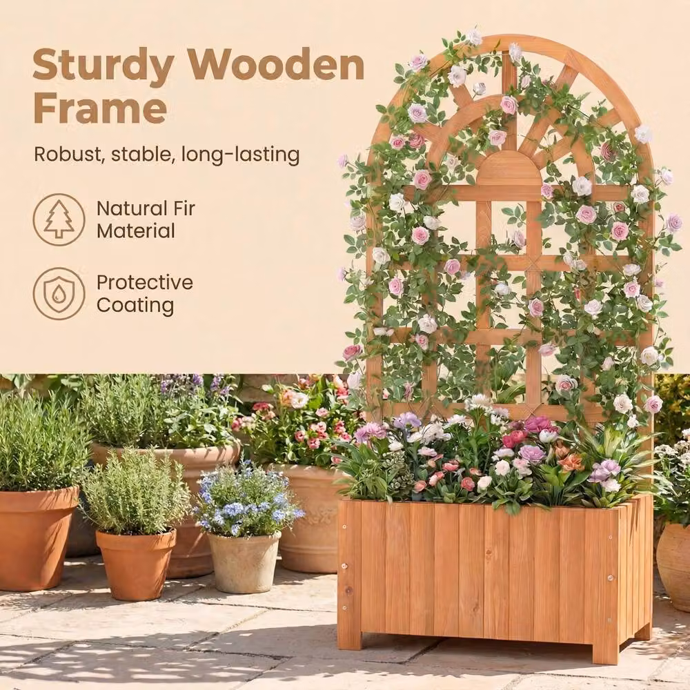 Costway Wooden Raised Garden Bed with Trellis, Brown – 3