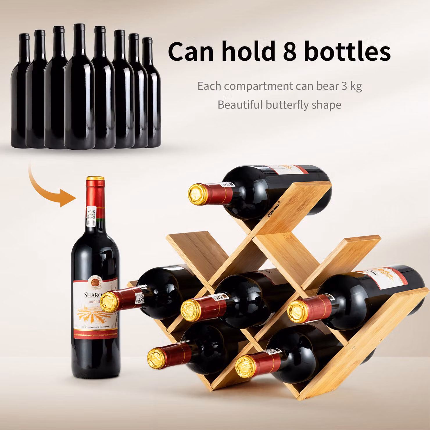 Costway Bamboo 8-Bottle Freestanding Wine Rack in Natural Brown – 2