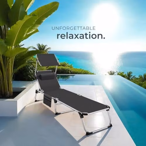 tectake Black Aluminium Folding Sun Lounger with Sun Canopy and Adjustable Headrest – 7