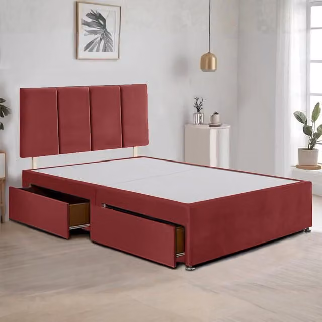Bed Time UK Plush Velvet Divan Bed Frame with 2 Drawers and 20 inch Vertical Line Headboard in Red, Super King, W/D/H: 200 x 200 x 50.8 cm