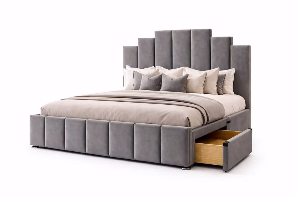 Paradise Beds Ltd Art Deco Grey Velvet Divan Bed Set with Headboard and Drawers, W/D/H: 140 x 200 cm – 4