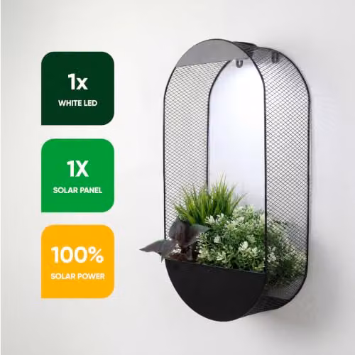 Gardenwize Oval Solar Wall Planter with Warm White LED Light, Black Metal – 4