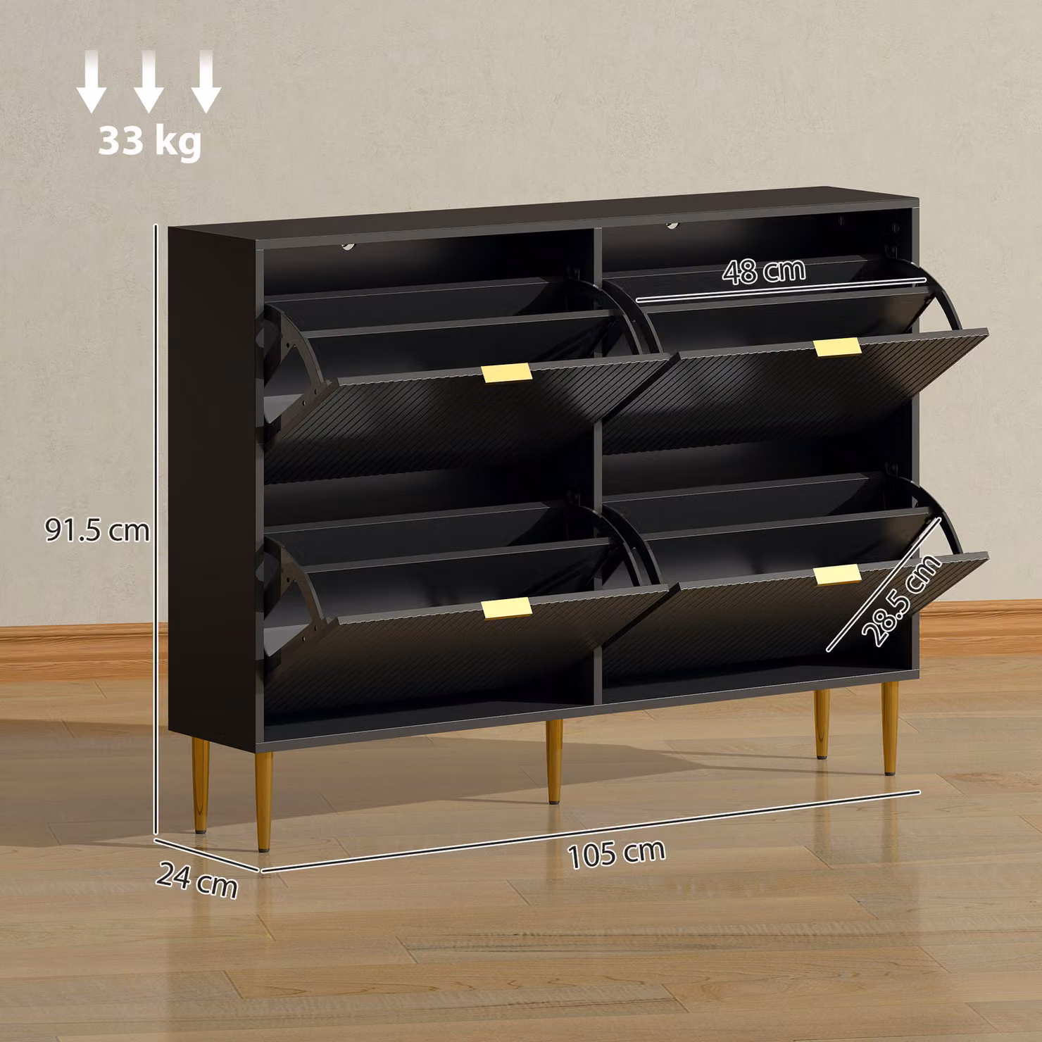 HOMCOM Narrow Modern Black Shoe Cabinet with 4 Gold Tilting Compartments and Internal Shelves, H 105.0 x W 91.5 x D 24.0 cm – 3