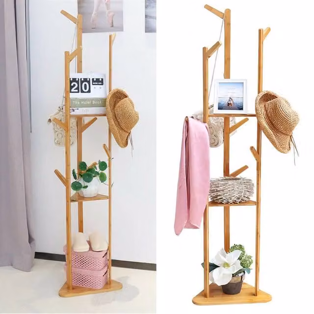 NESTLUNE Brown Wooden Clothes Rail and Hat Stand with Distributed Point Hooks