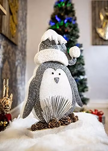 Shatchi Grey and Silver Penguin Christmas Tabletop Decoration, Height: 42 cm – 3