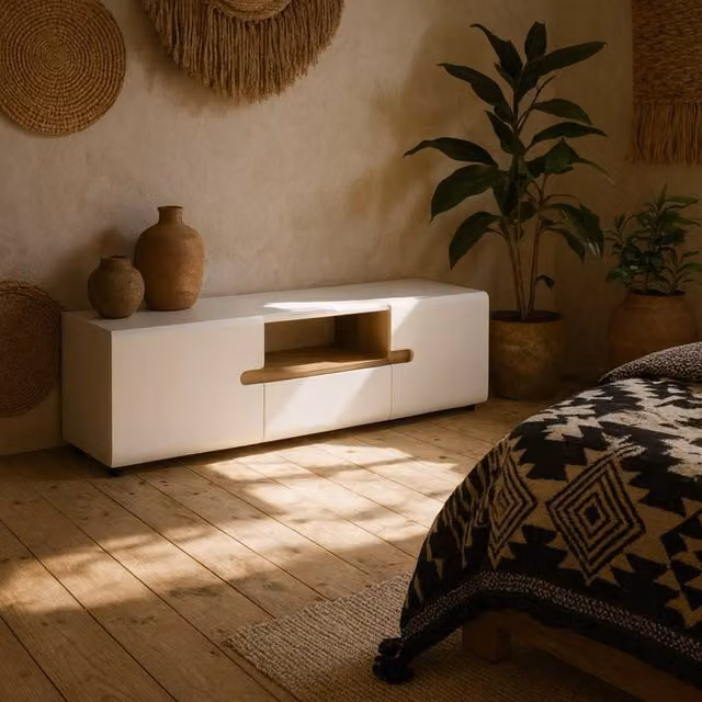 Wyld Haus Foxwhisk Wide TV Media Unit in White and Truffle Oak, W/D/H: 120 x 40 x 45.5 cm – 1