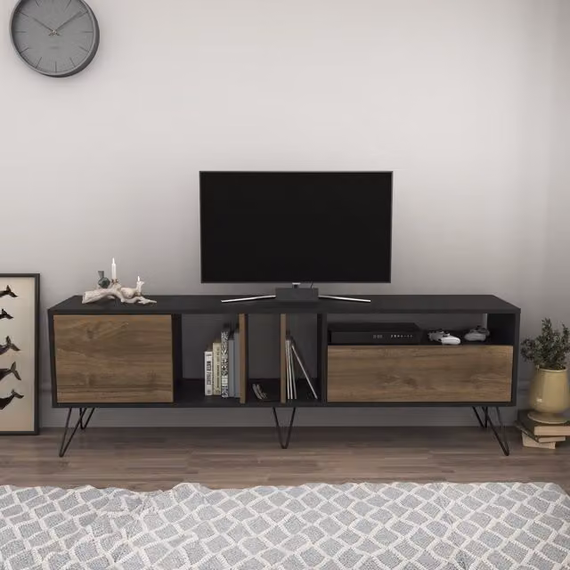 Decorotika Mistico Modern TV Unit in Black and Walnut, W: 180.0 cm, D: 35.6 cm, H: 58.4 cm