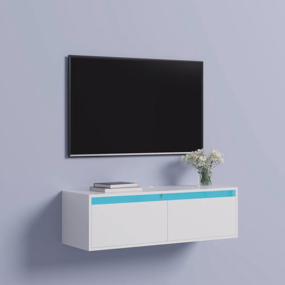 KEEPREAPER Modern Floating TV Stand with LED Lights in White for 32 to 50 Inch TVs – 2