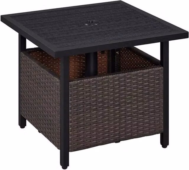 KORVIXA PE Rattan Garden Table in Dark Brown with Patio Umbrella Hole, W/D: 100 x 100 cm – 1