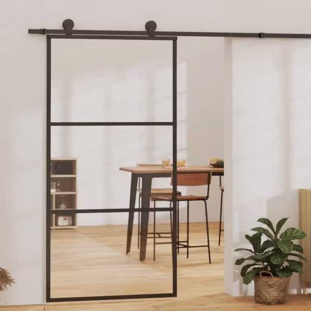 Berkfield Home Modern Sliding Door with Hardware Set, Black ESG Glass and Aluminium, W: 102 cm, H: 205 cm – 1