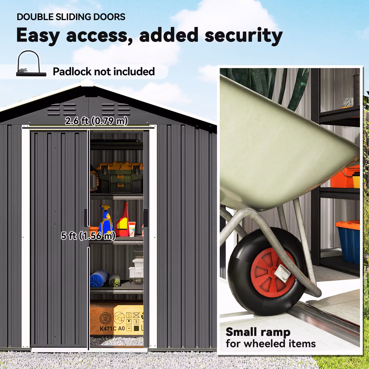 Outsunny Metal Garden Storage Shed in Dark Grey with Sliding Doors and Side Vent – 5