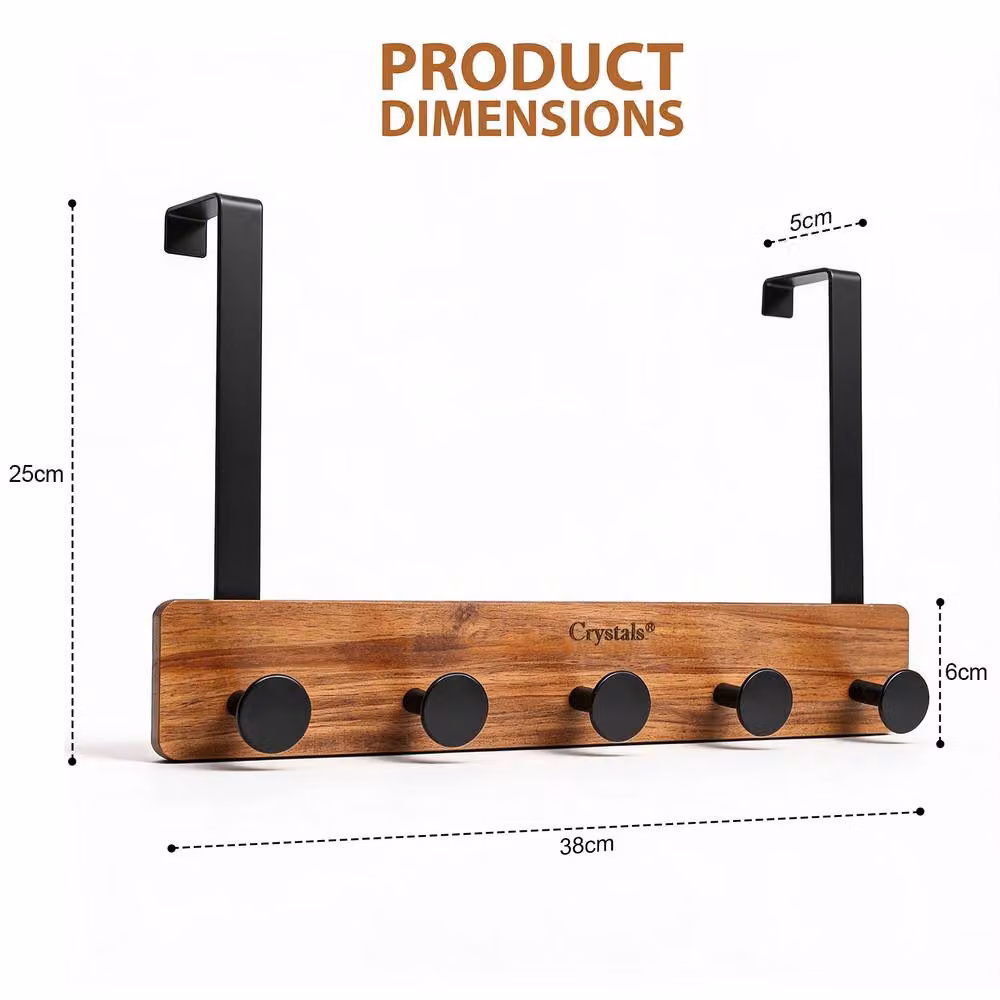 Crystals 5 Hook Over Door Rack for Clothes, Coats and Towels, Black – 5