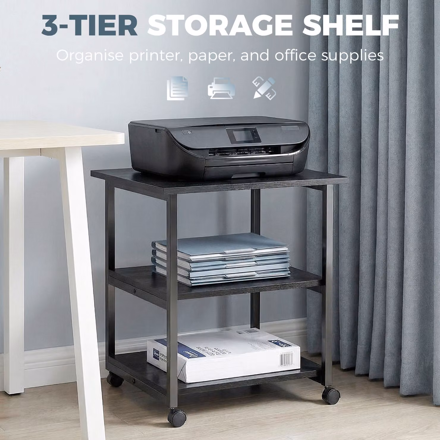 HOMCOM 3-Tier Mobile Printer Stand with Storage Shelf in Black, W/D/H: 50 x 50 x 52.5 cm – 4
