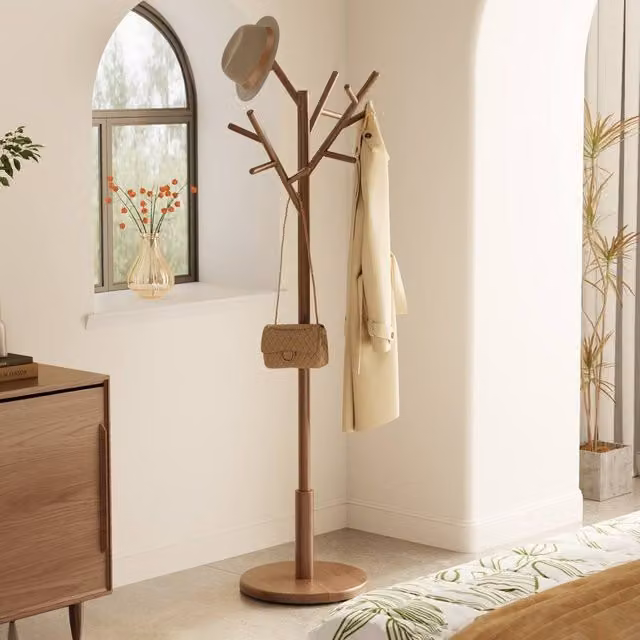 YQJJGL Elegant Solid Wood Freestanding Coat Tree in Walnut Brown, H 180 cm x W 40 cm x D 40 cm