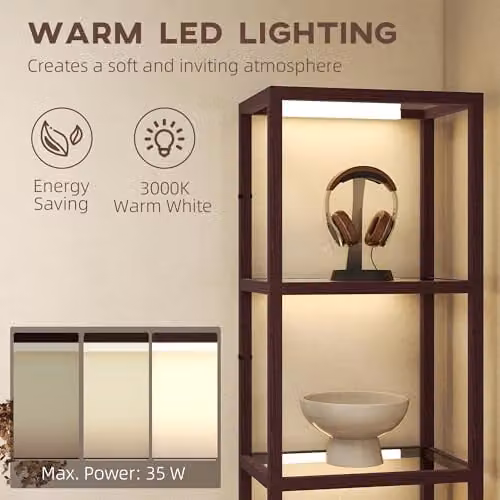HOMCOM Dimmable LED Floor Lamp with 4 Glass Shelves in Dark Brown – 4