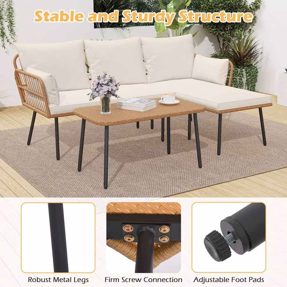 Costway 3-Piece Rattan Patio Sectional Sofa and Coffee Table Set in White – 4