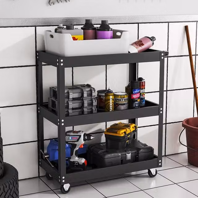 Livingandhome 3-Layer Open Tool Storage Trolley, Black