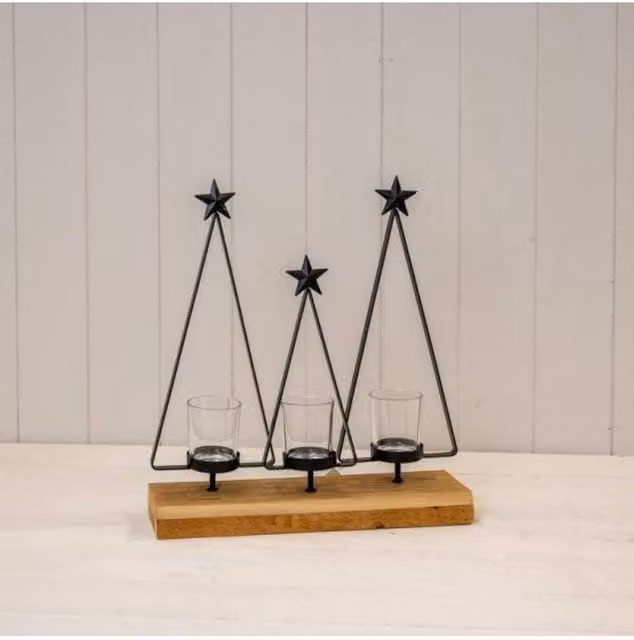KDMD Black Metal Triple Tree Tealight Holder on Wooden Base