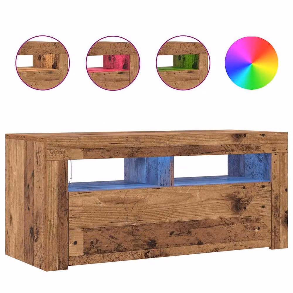 Berkfield Home TV Cabinet with LED Lights in Old Wood, W/D/H: 90 x 35 x 40 cm – 4
