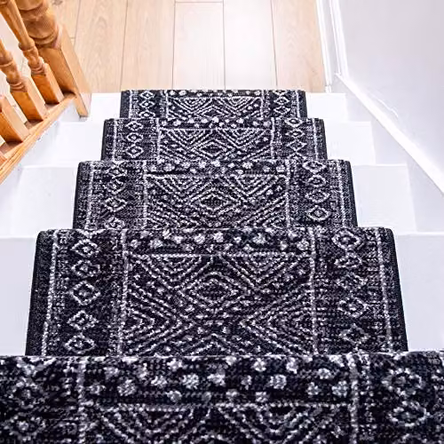 runrug Afrikans Black Ethnic Stair Runner, Machine Woven Polypropylene Carpet, W: 70 cm, L: 450 cm – 3