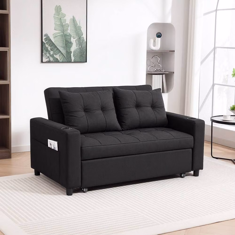 ERGOVEXA Two-Seater Pull-Out Sofa Bed in Black with Fabric Upholstery and Metal Frame – 4