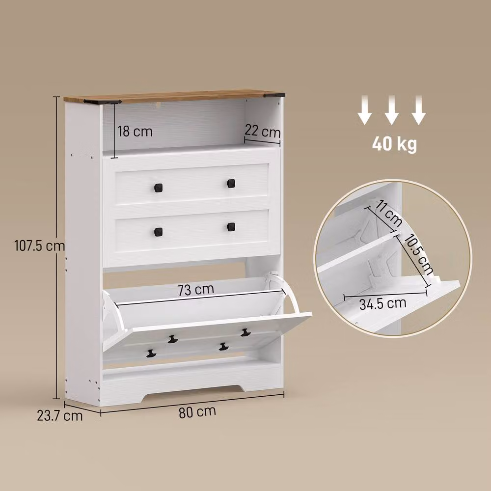 STILVORA White Rustic Shoe Cabinet with Tilting Compartments and Open Shelf – 2