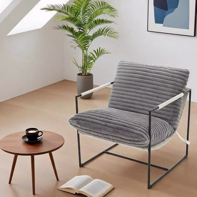 London Boutique Modern Accent Chair in Dark Grey with Bouclé Fabric and Metal Frame – 1
