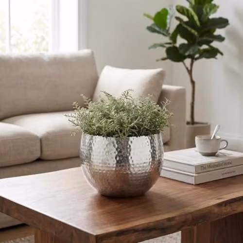 Leaf Large Hammered Metal Tabletop Planter in Silver, W: 22 cm, H: 17 cm – 2
