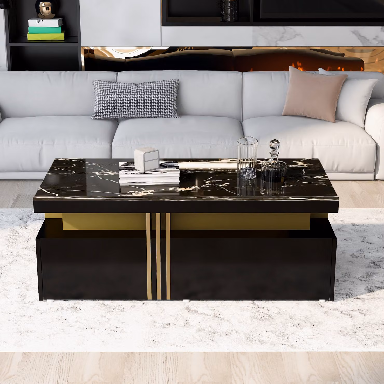 Aosom UK Modern Rectangular Coffee Table with Marble Veneer Top and 2 Wooden Drawers, Black, W: 100 cm, D: 50 cm, H: 40 cm – 7
