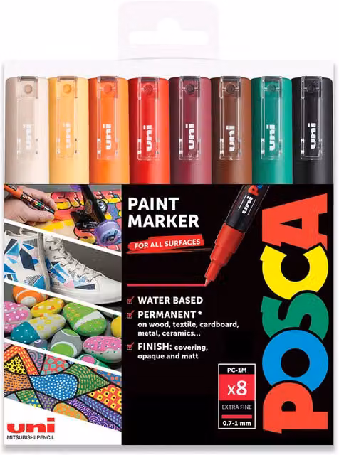 POSCA PC-1M Paint Marker Art Pen Set, 8-Piece Autumn Multicolour Wallet, 0.7mm Bullet Tip